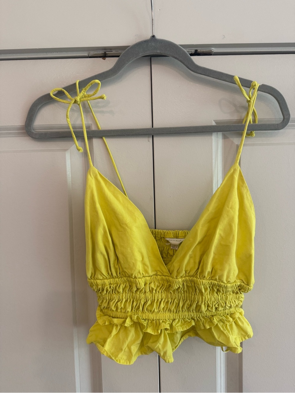 Tie-Shoulder Smocked V-Neck Crop Top in Yellow